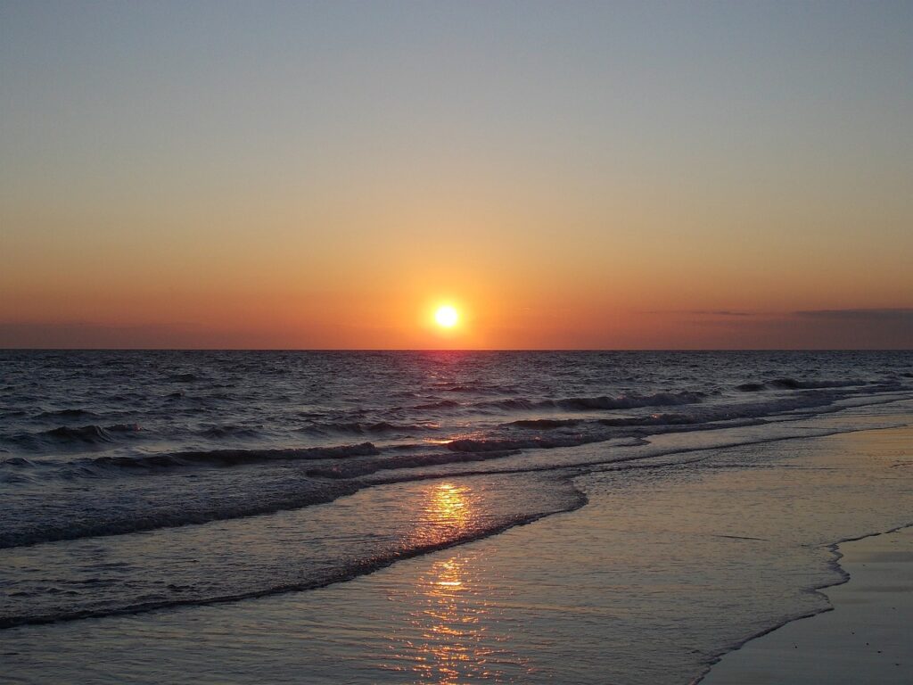 sunset, beach, sea